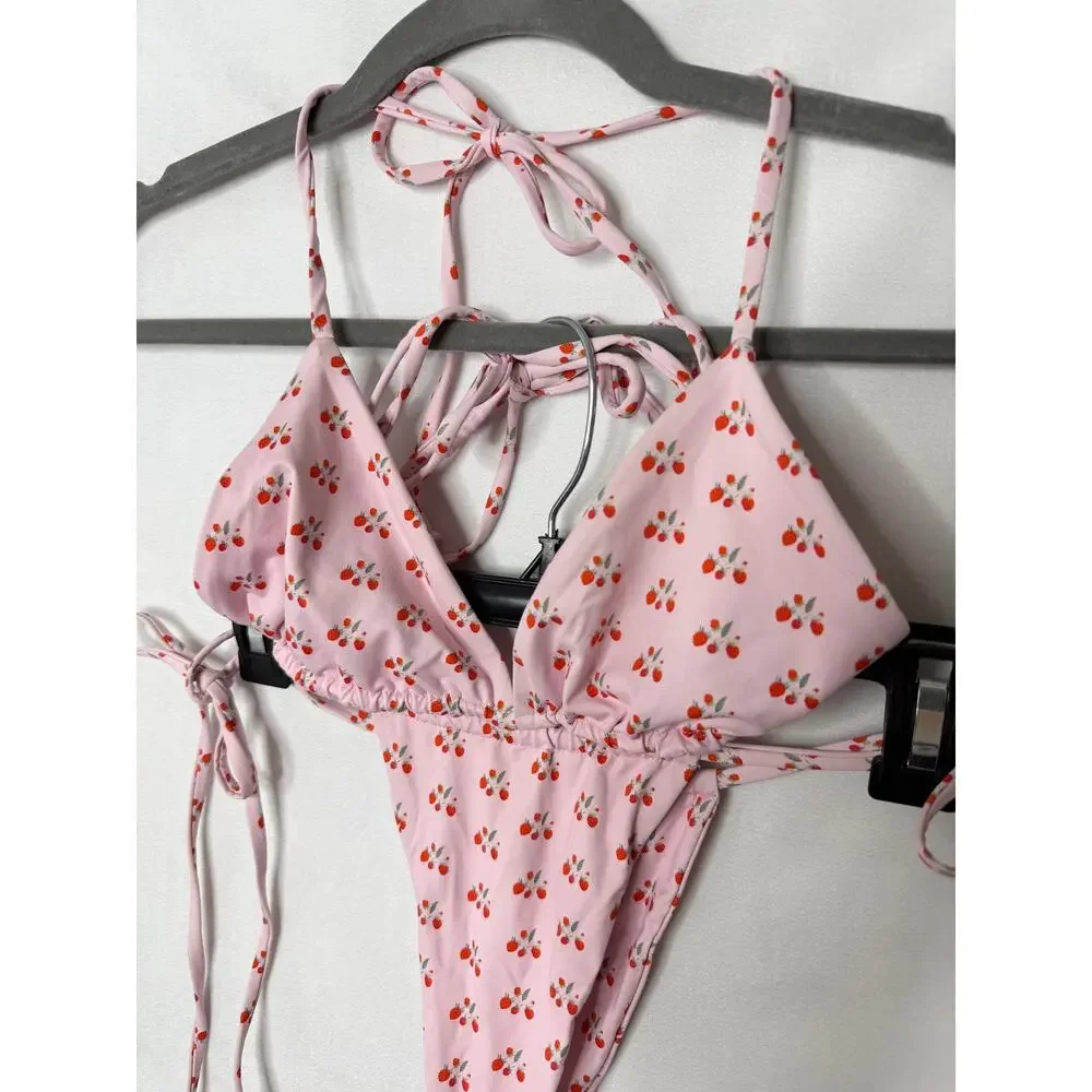 Frankie's Bikinis Pink Strawberry Shortcake Bikini Set Triangle String Tie Small